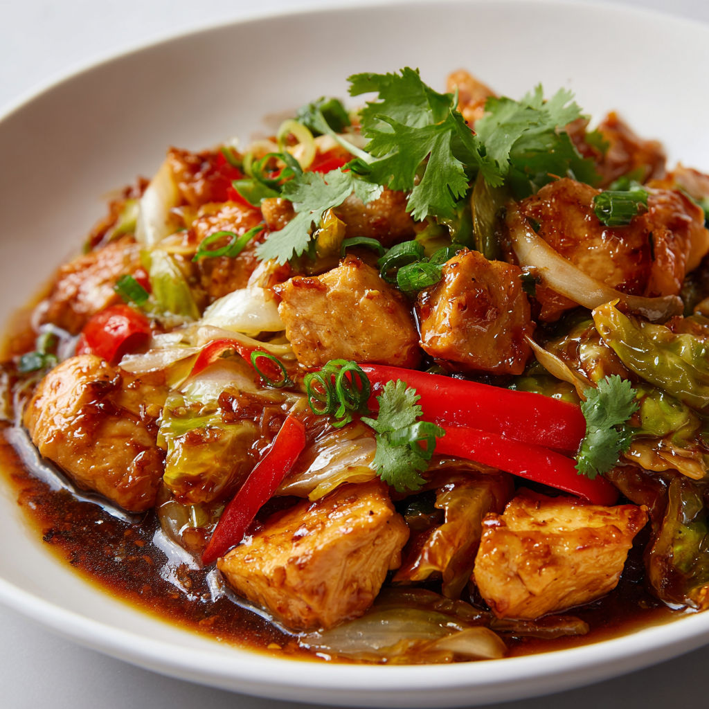 Une recette de la cuisine chinoise, avec des légumes et des viandes, est servie dans un bol blanc.