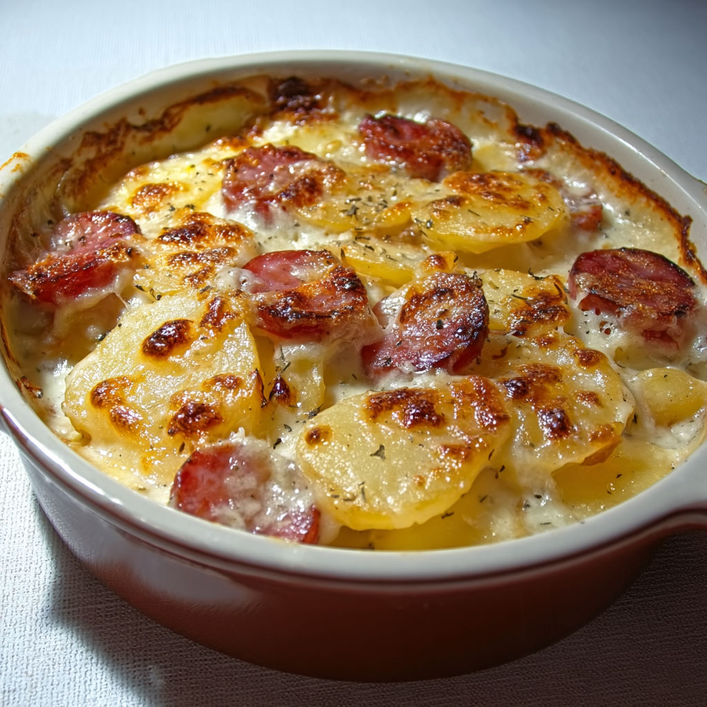 Une tarte au potato et au jambon, servie dans un bol en céramique.