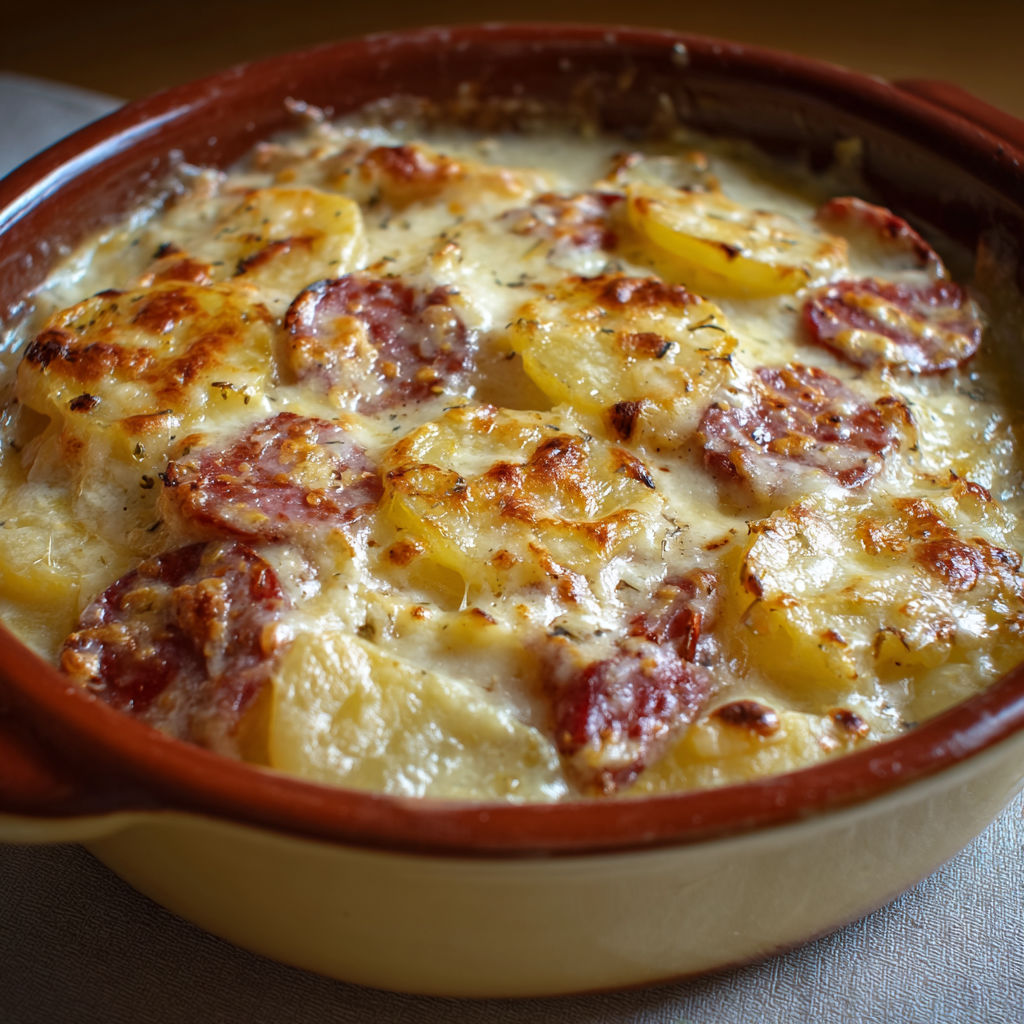 Une tarte au potato et au fromage, servie dans un bol en céramique.
