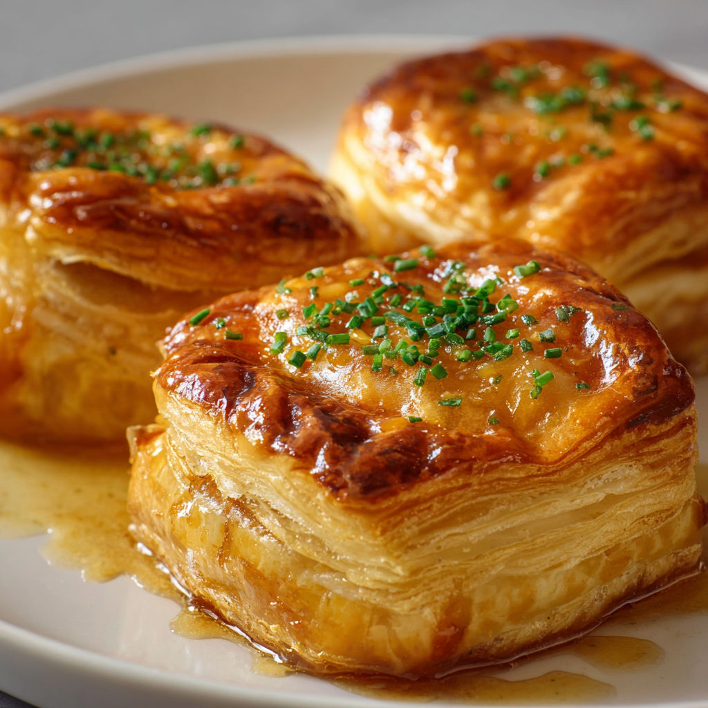 Chaussons au Foie Gras et Confit d'Oignon, une recette savoureuse et délicieuse, est servie sur un plateau en porcelaine.