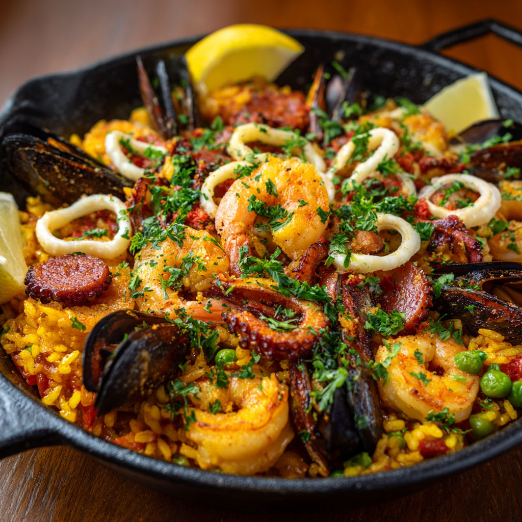 Une paella espagnole au chorizo, crevettes, calmars et moules, servie dans un bol en fonte.