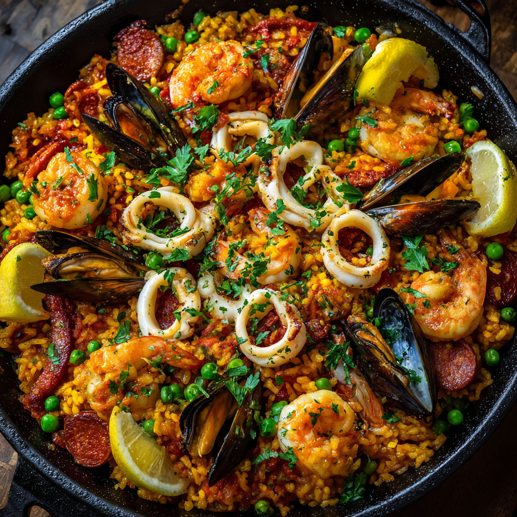 Une paella espagnole au chorizo, crevettes, calamars et moules est servie dans un bol en fonte.