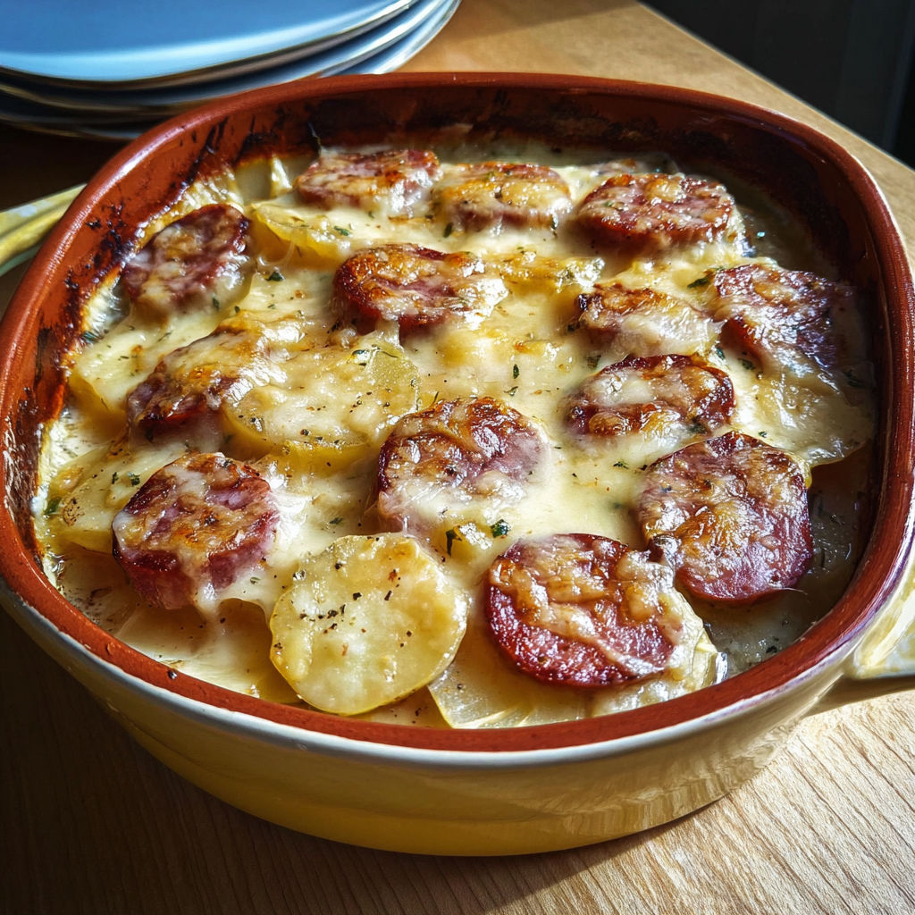 Une assiette de morbiflette de Franche-Comté est servie sur une table de bois.