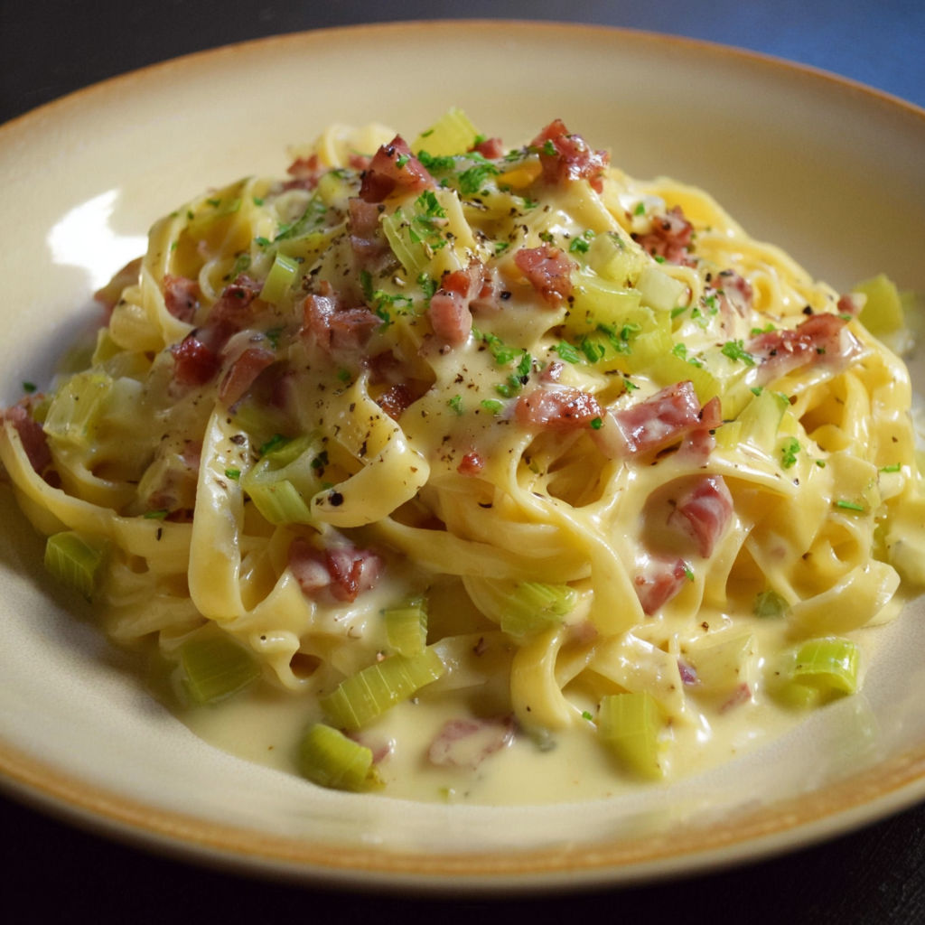 Une plate de spaghetti carbonara avec des légumes verts et des bacon.