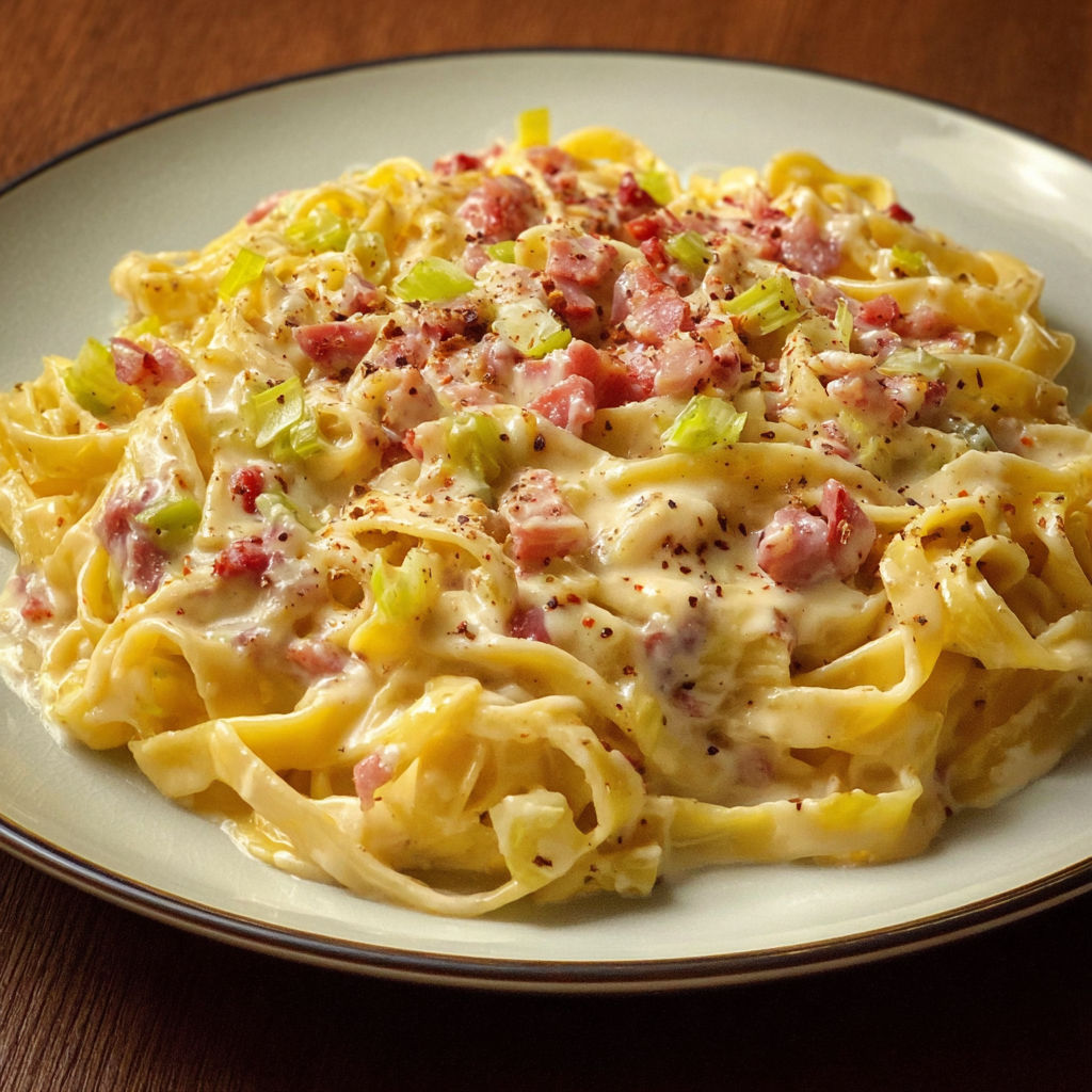 Une pâté de macaroni au bacon et aux légumes.