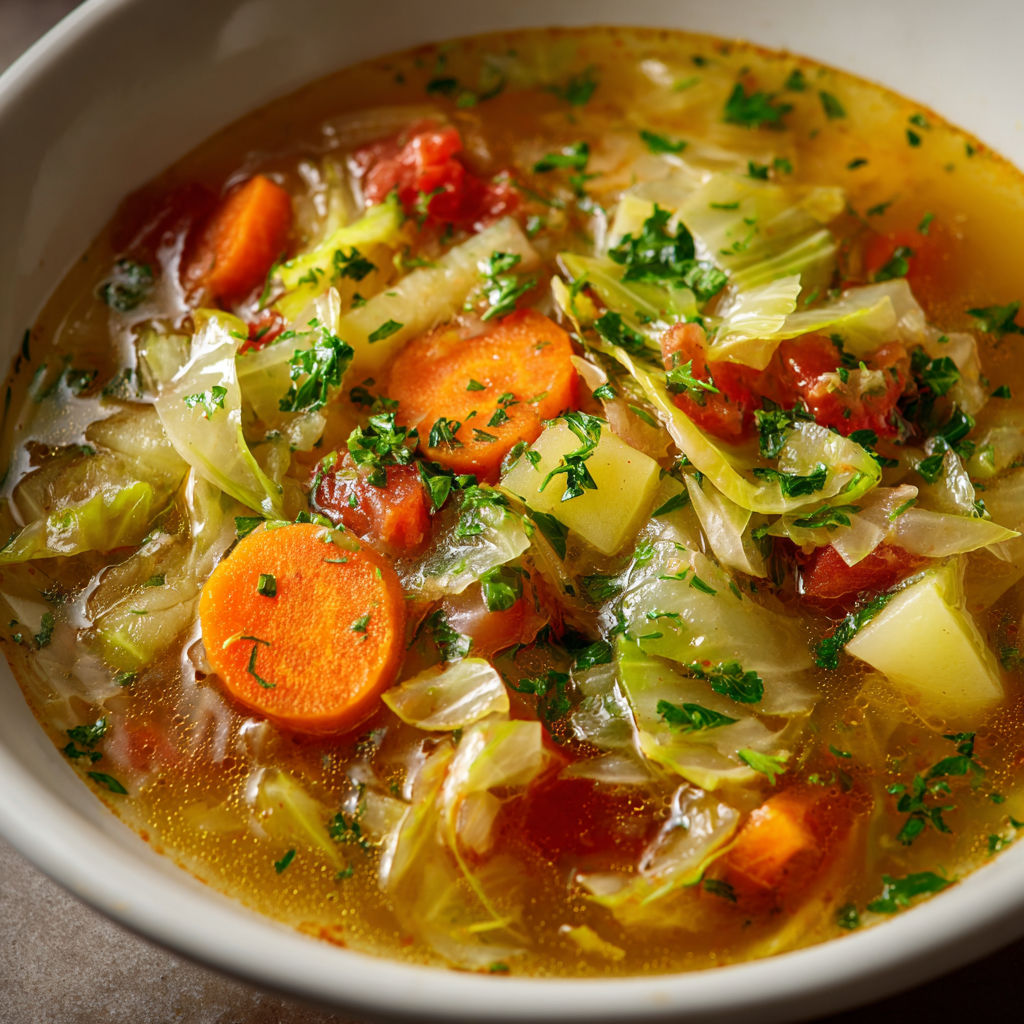 Une soupe détox au chou, carotte, tomate et oignon est servie dans un bol.