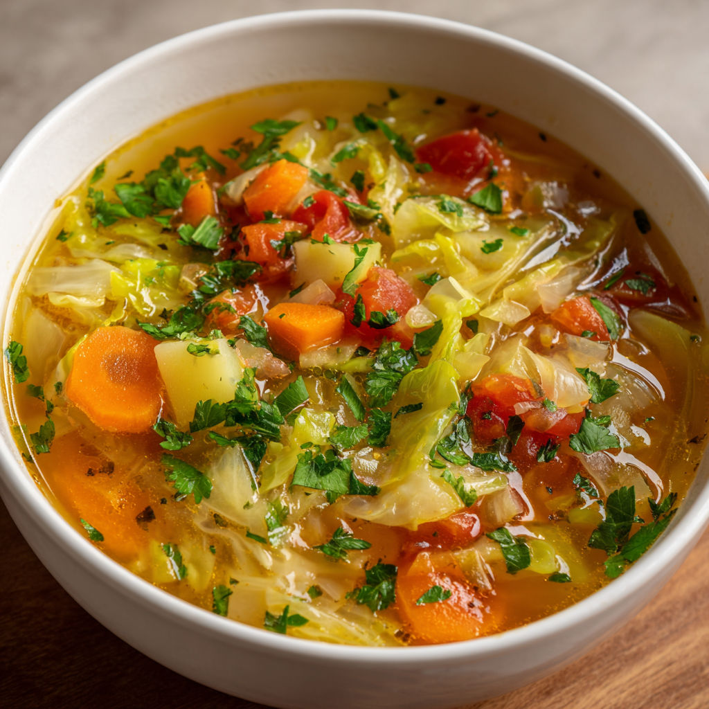 Une soupe détox au chou, carotte, tomate et oignon est servie dans un bol blanc sur une table.