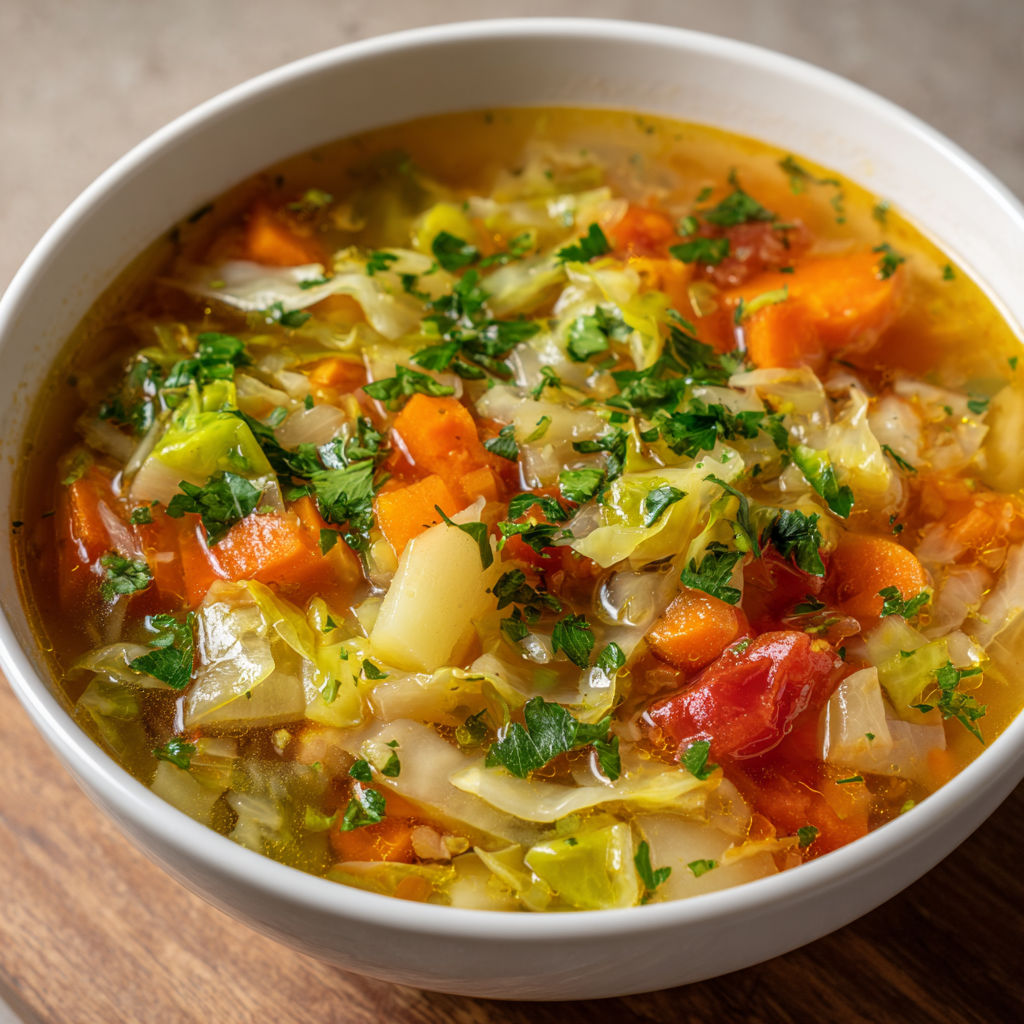 Une soupe détox au chou, carotte, tomate et oignon est servie dans un bol blanc.