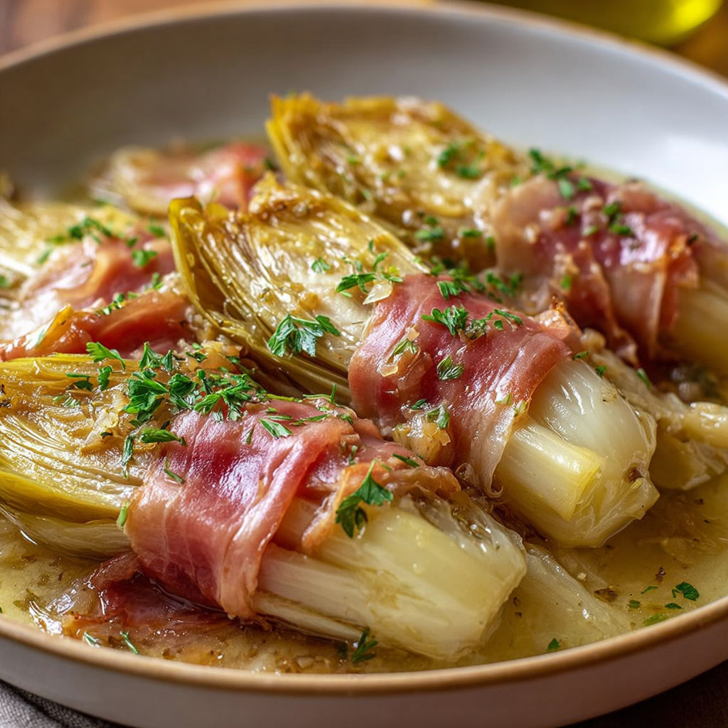 Une assiette de légumes cuits dans une sauce blanche accompagnée de jambon.