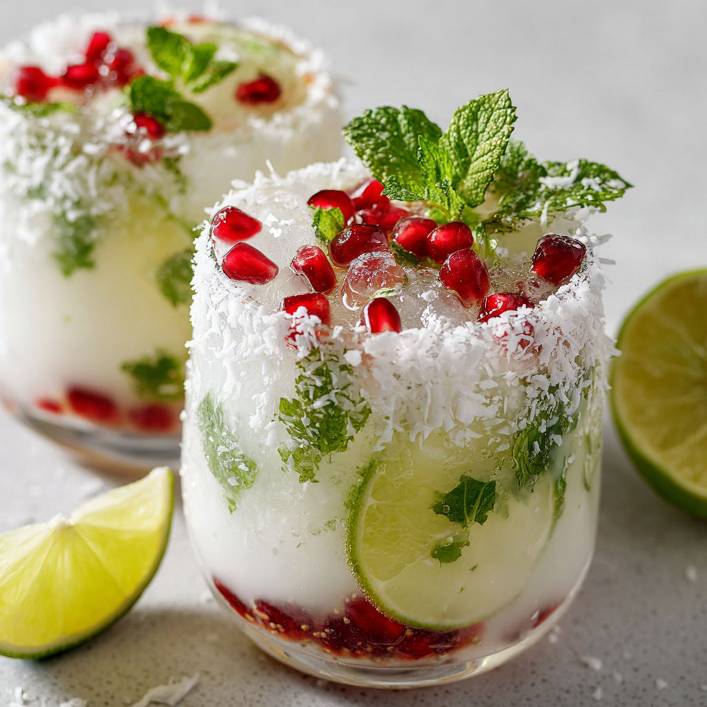 Un verre de Mojito du Noël blanc avec des fruits rouges et des herbes vertes.