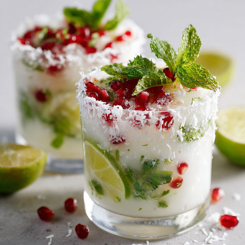 Un verre de cocktail avec des fruits frais et des herbes.