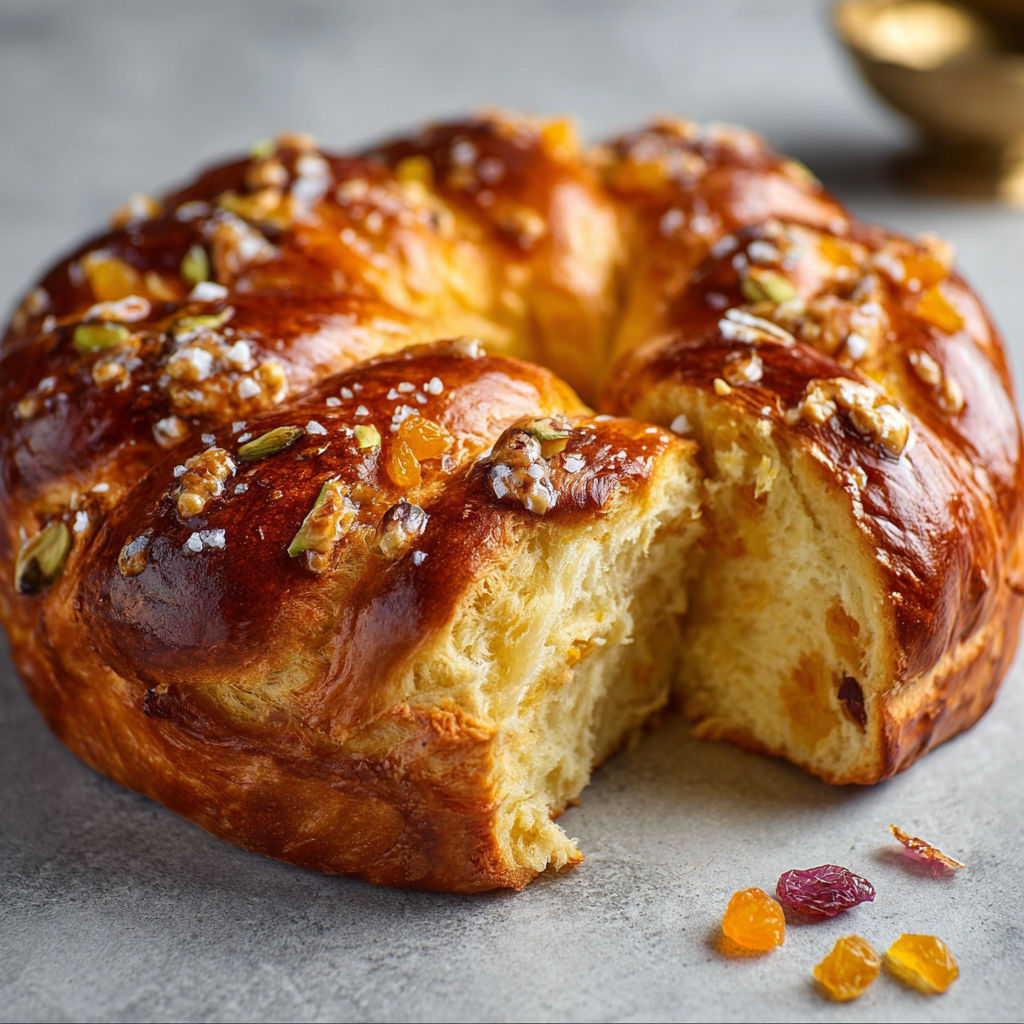 Une portion de pain d'épices, avec des fruits confits et des noix, est servie sur une table.