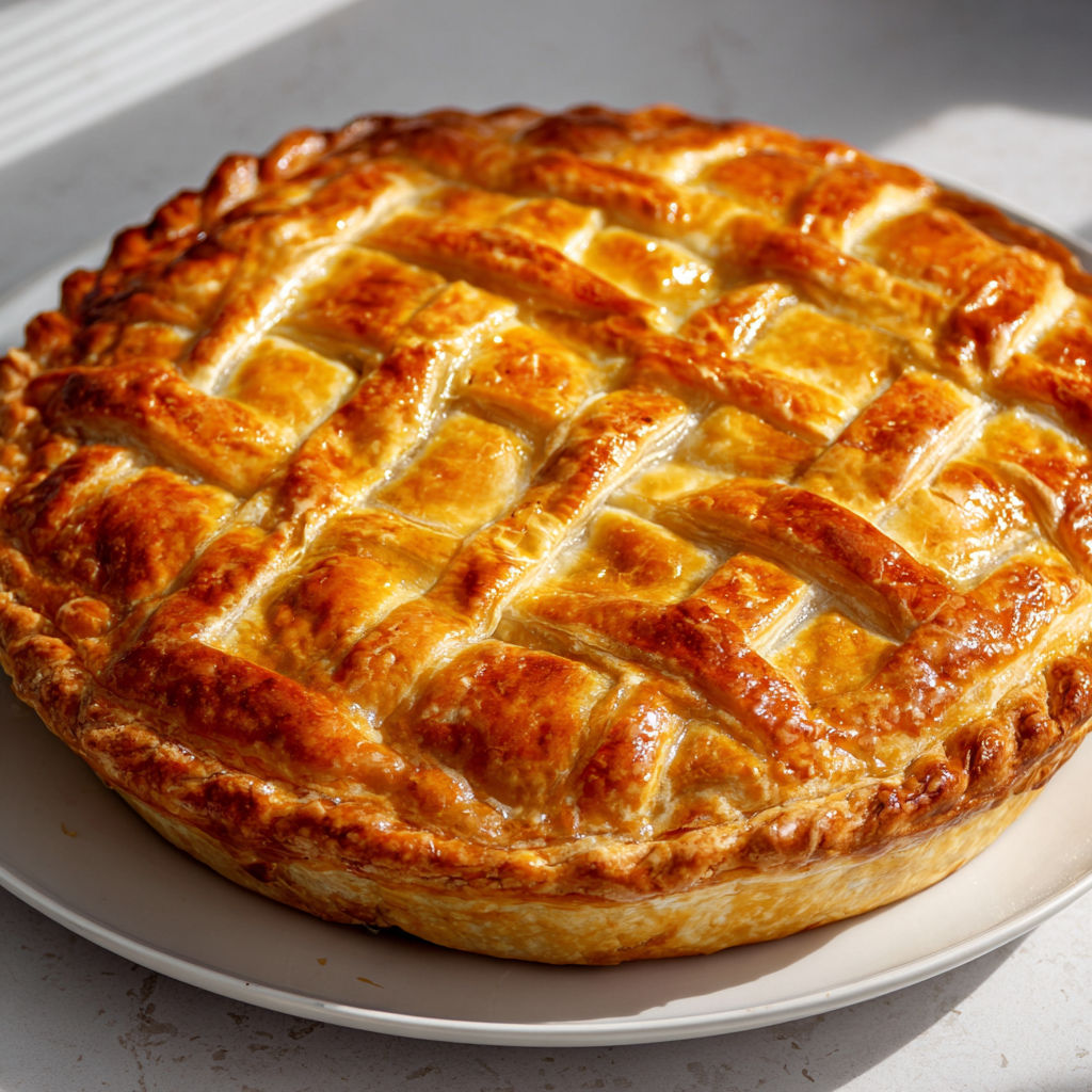 Une tourte au poulet et légumes est servie sur un plateau.