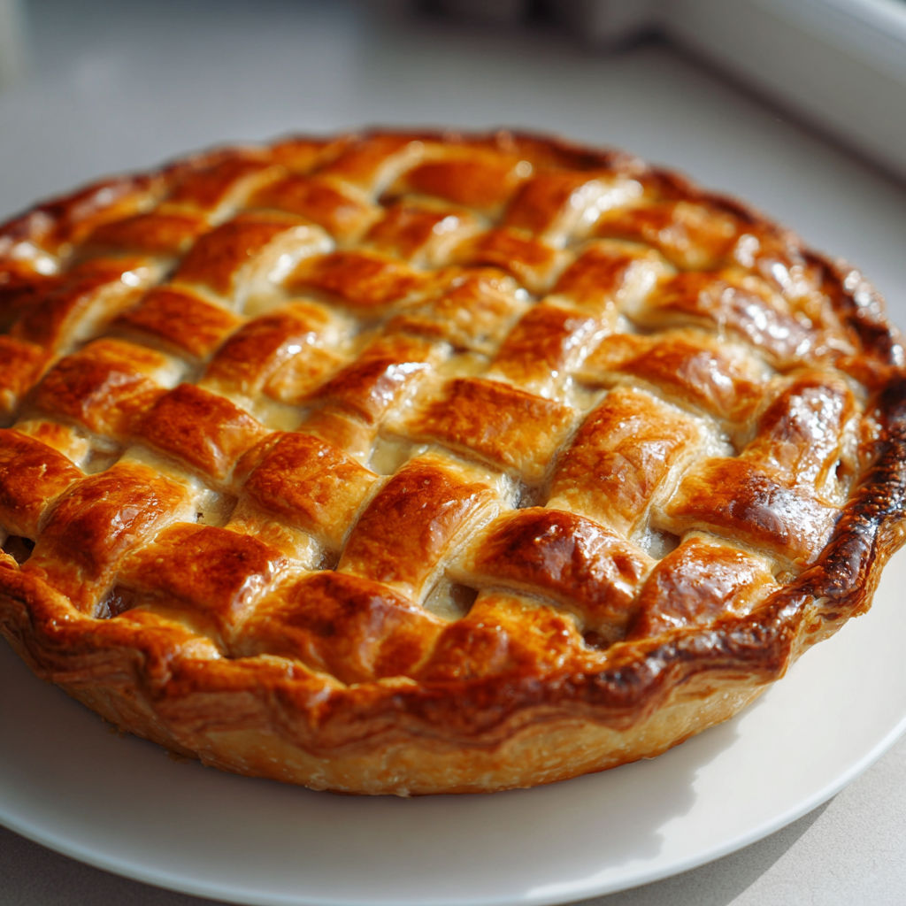 Une tarte aux pommes est servie sur un plateau.
