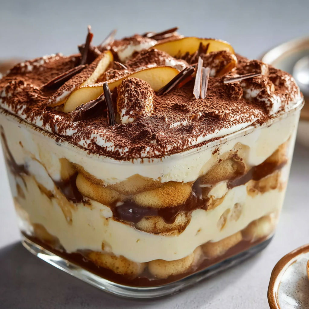 Une tarte aux fruits et au chocolat, garnie de croutons de chocolat, est servie dans un bol en verre.