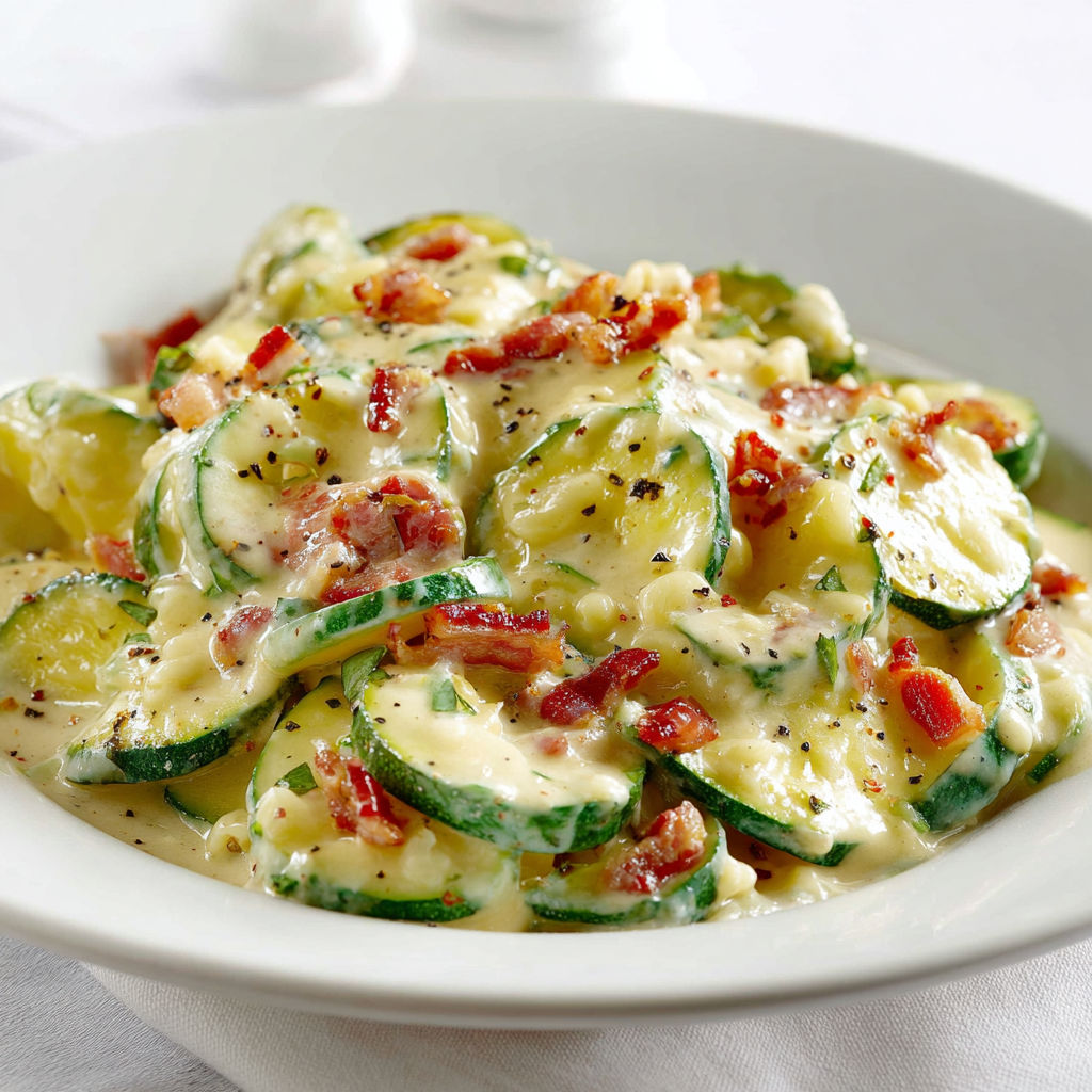 Une assiette de courgettes façon Carbonara à la Vache qui Rit, servie sur une table blanche.
