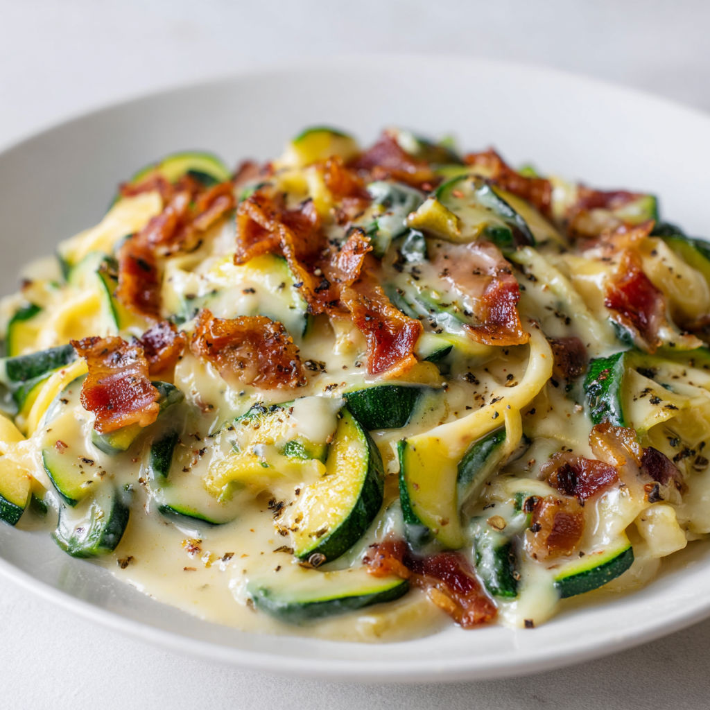 Une plate de spaghetti carbonara avec des zucchini et des bacon.