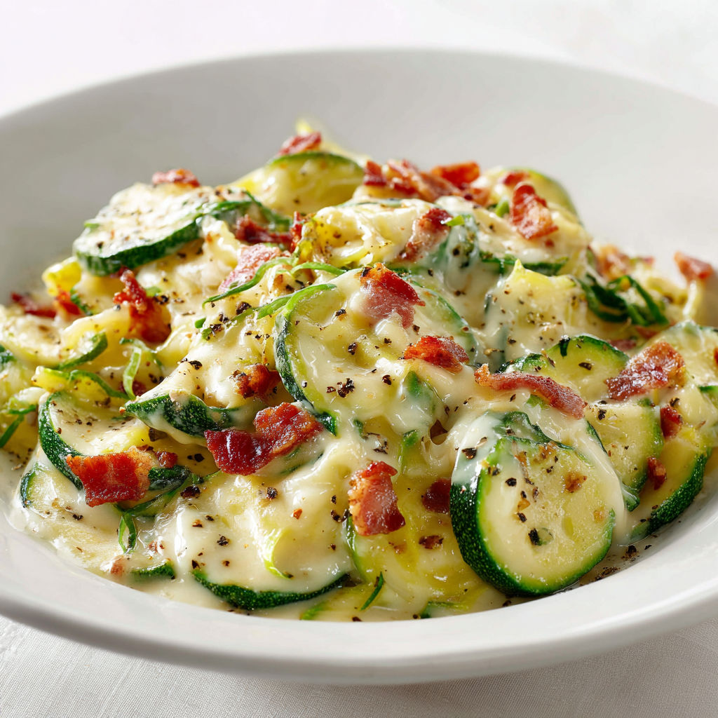 Une assiette de pasta avec des légumes verts et des bacon.