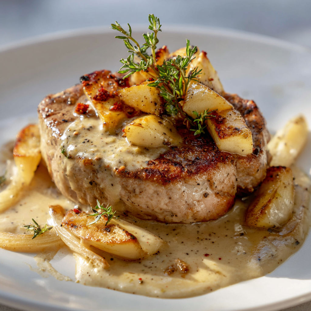 Un filet mignon de porc aux pommes est servie sur un plateau avec une sauce.