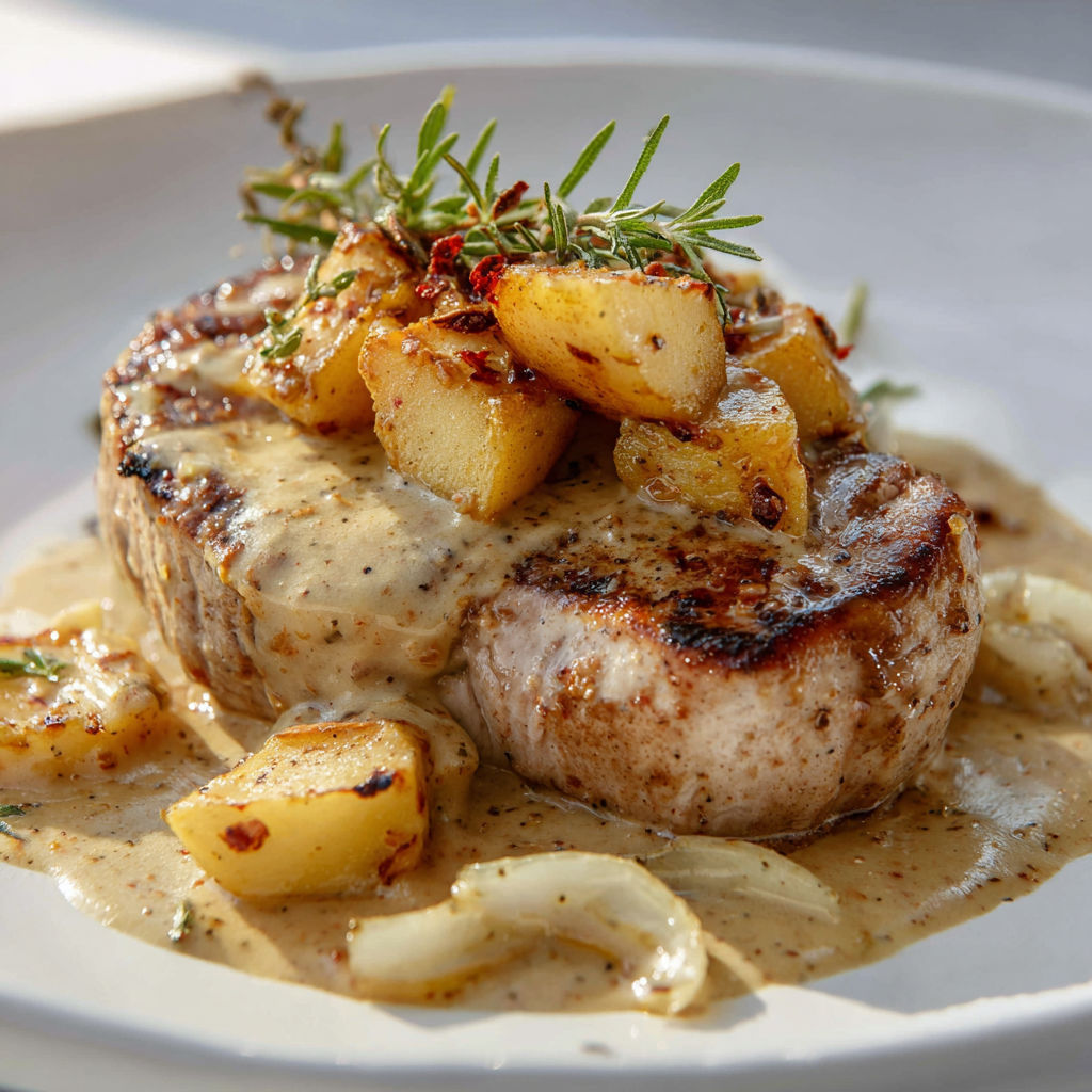Une viande grillée avec une sauce au pesto et des légumes grillés, tels que des oignons et des pommes de terre, sur un plateau.