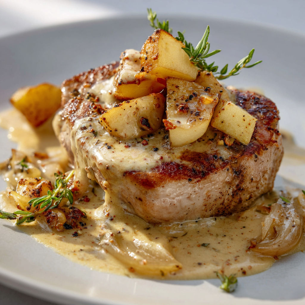 Une viande de boeuf grillée avec des pommes de terre et des herbes, accompagnée d'une sauce au beurre.