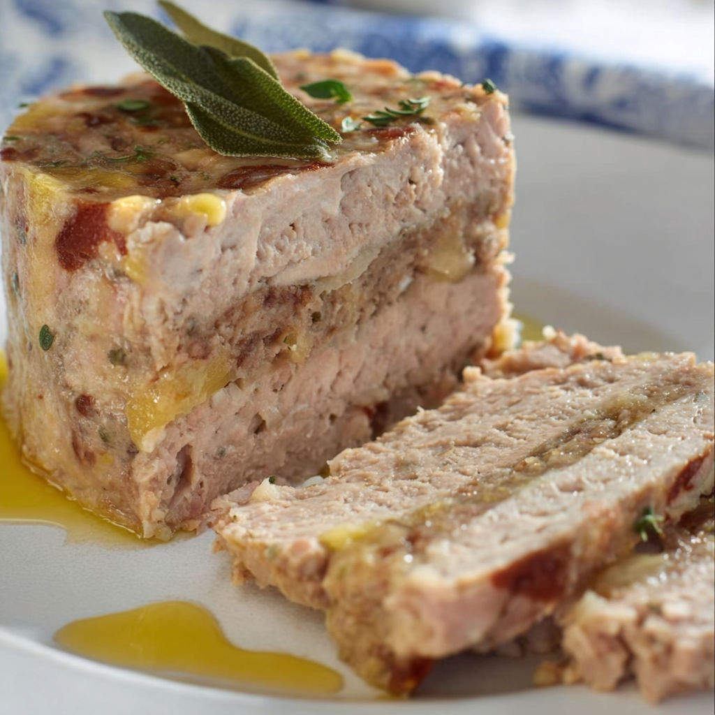 Une terrine de volaille est servie sur un plateau avec une sauce.