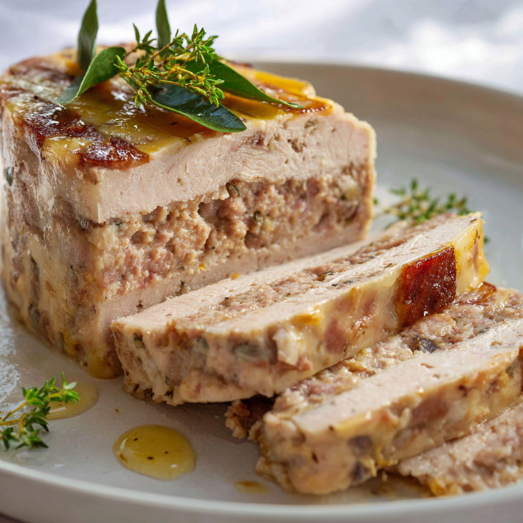 Une terrine de volaille est servie sur un plateau, accompagnée d'une garniture de herbes fraîches.