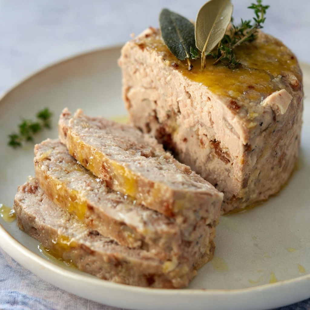 Une terrine de volaille est servie sur un plateau.