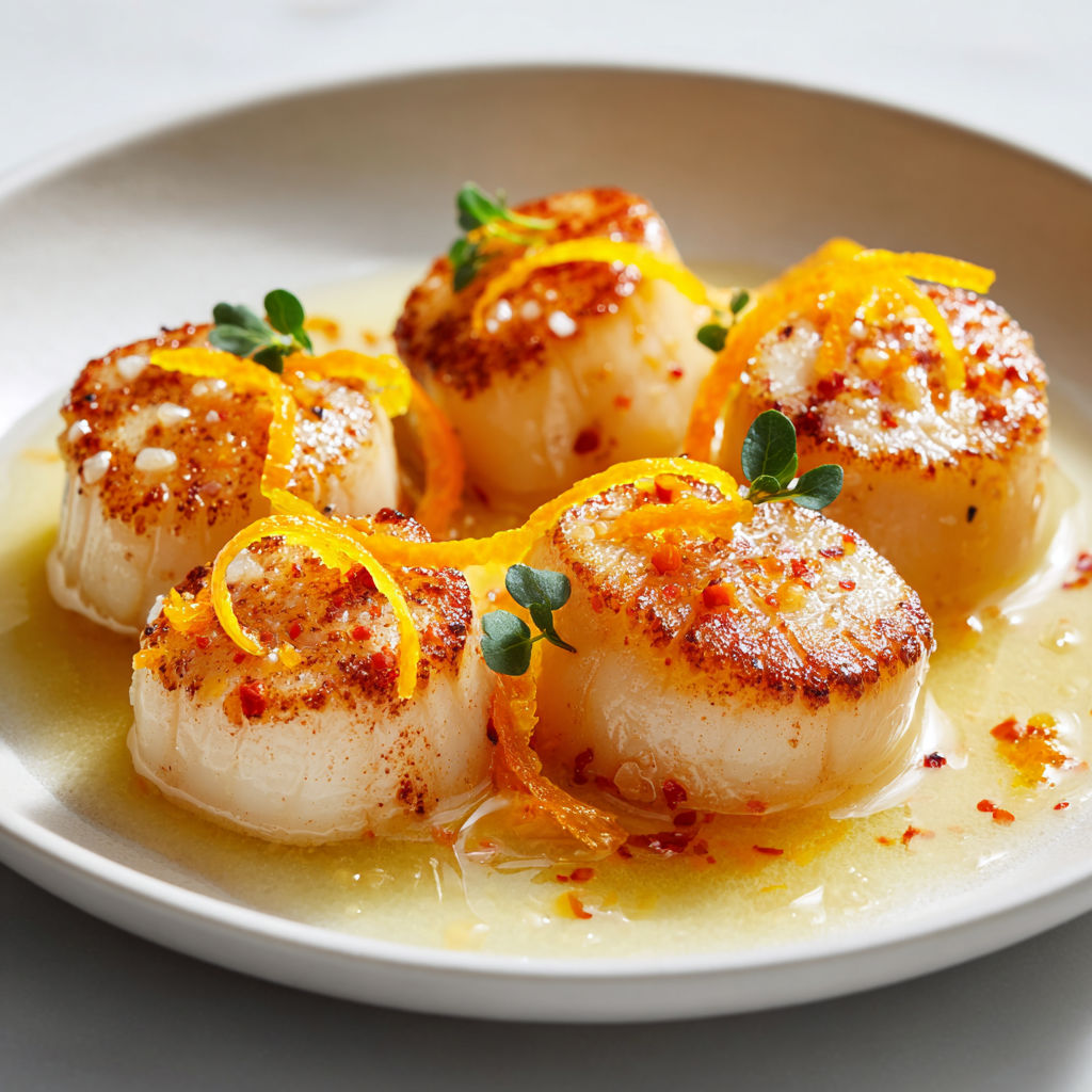 Plate of Saint-Jacques à l'orange with orange slices on top.