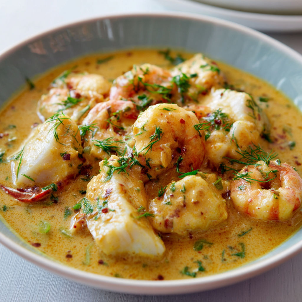 Une assiette de Blanquette de Poisson au Lait de Coco et Curry, garnie de herbes et de légumes.
