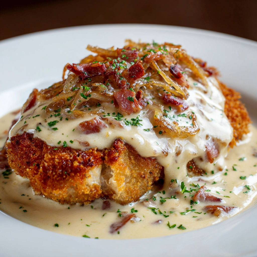 Une recette de chicken en sauce, avec des herbes et des bacon, est servie sur un plateau.