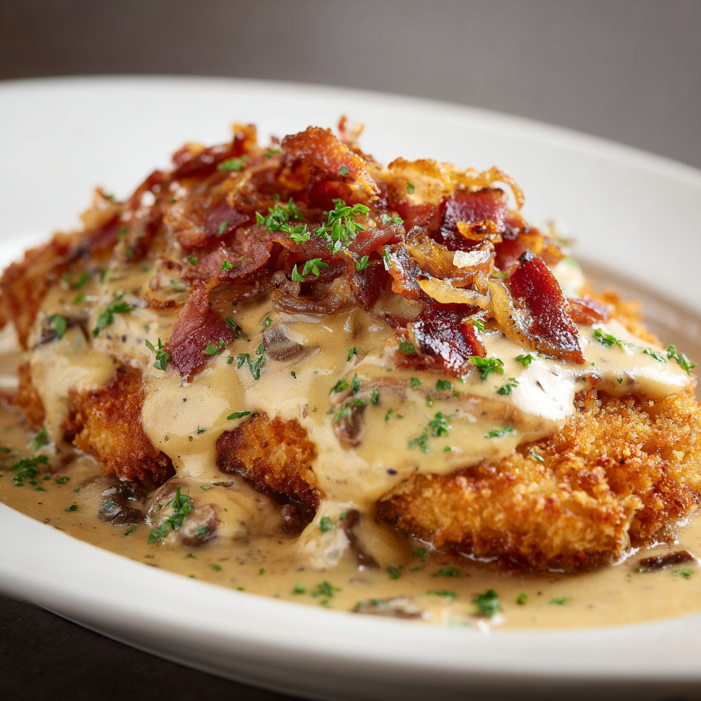 Une recette de chicken en sauce au bacon et aux champignons.