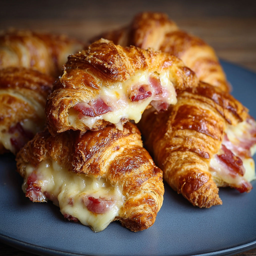 Assiette de croissants garnis de fromage fondant et de lardons croustillants.