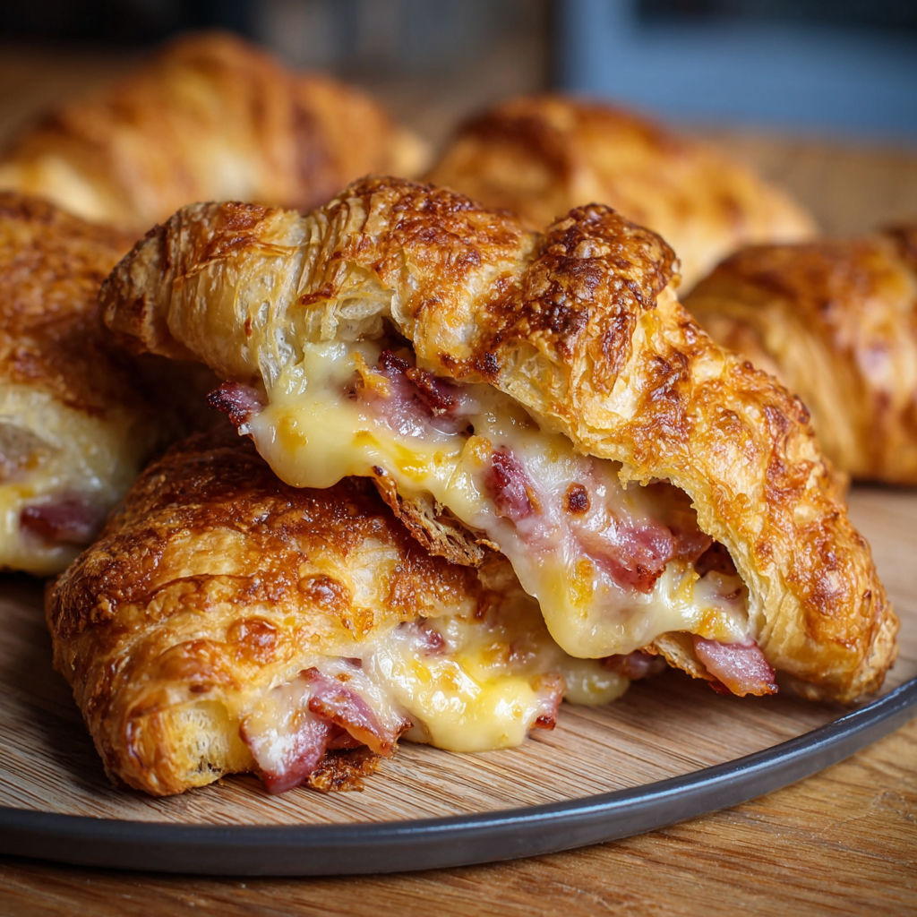 Une pile de croissants au fromage et au bacon sur une planche de bois.