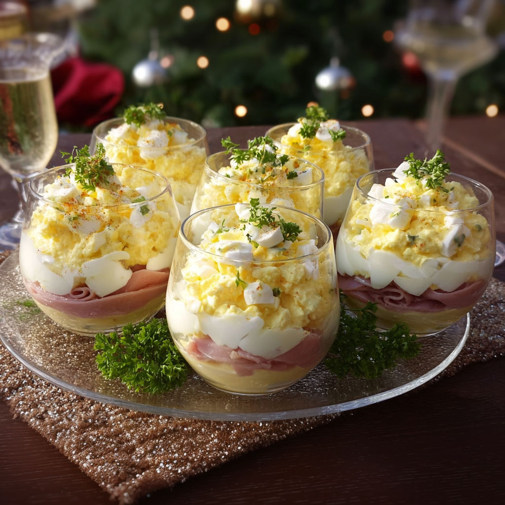 Une table de fête avec des verrines de œufs mimosa, accompagnées de champagne.