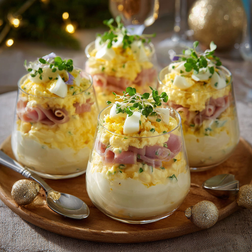 Œufs mimosa en verrines idéales pour un apéritif de fêtes.