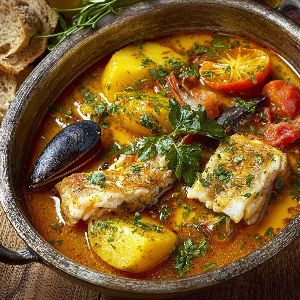 Bouillabaisse marseillaise avec des légumes et des poissons.