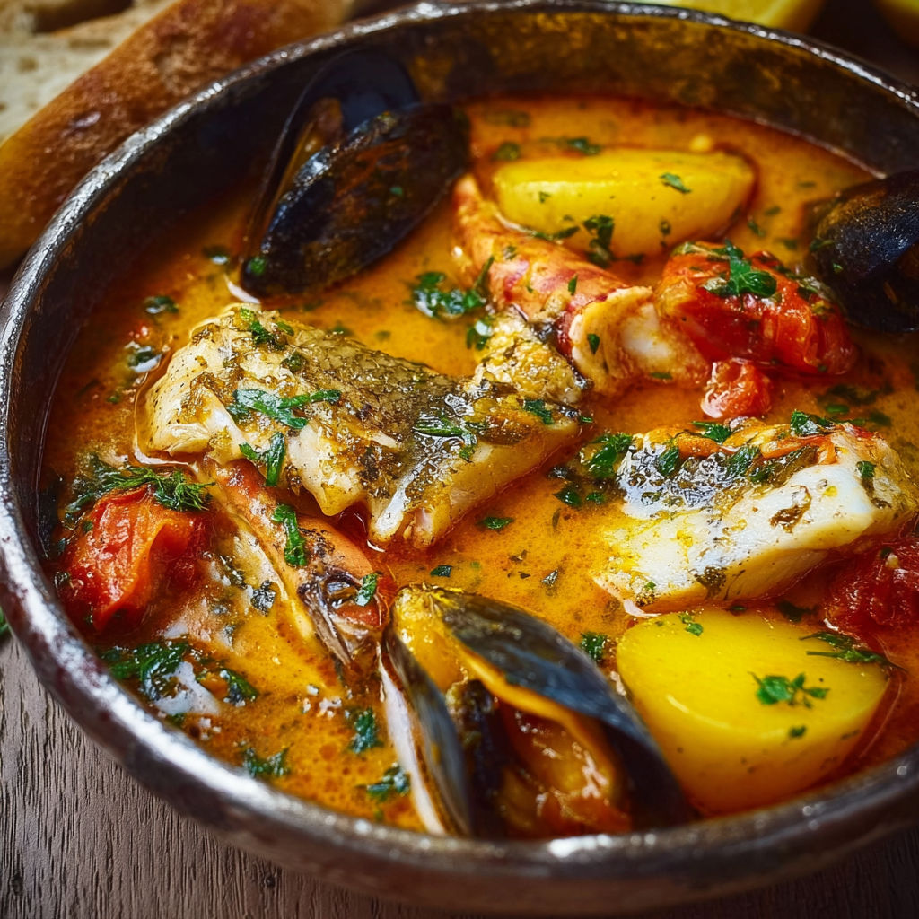 Une recette de bouillabaisse avec des moules, des tomates, des aubergines et des pommes de terre.
