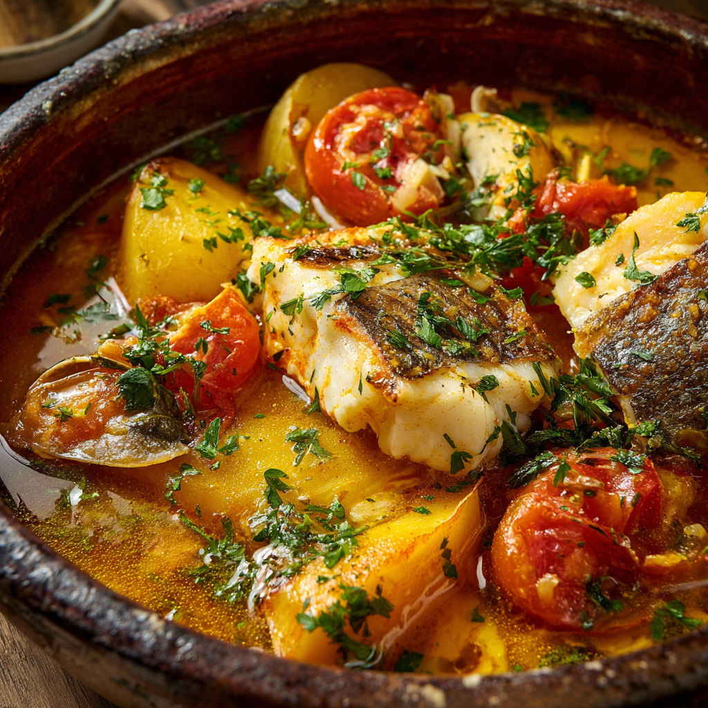 Un plat de poisson et légumes, avec des tomates, des oignons et des herbes.