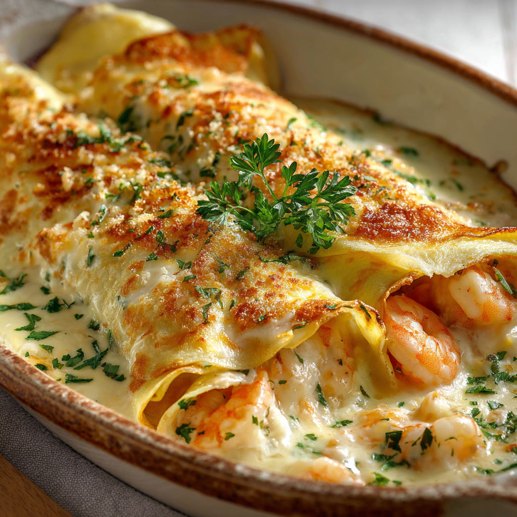 Crêpes fourrées aux fruits de mer, nappées de sauce onctueuse et gratinées.