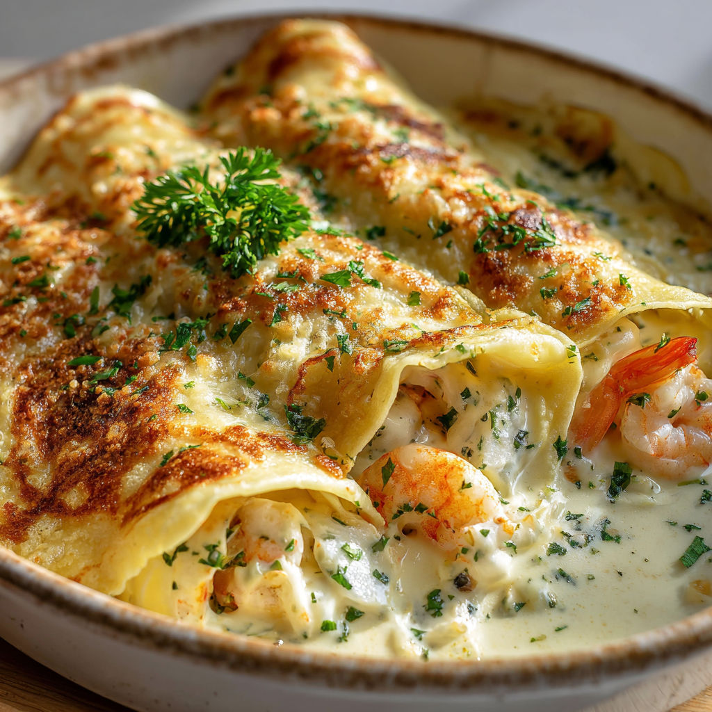 Crêpes aux crevettes, moules et Saint-Jacques, sauce crémeuse et gratin doré.