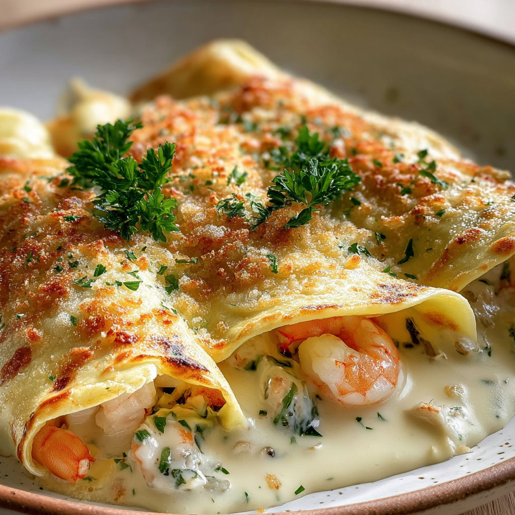 Crêpes garnies de fruits de mer crémeux, nappées de sauce au vin blanc et gratinées au fromage doré.