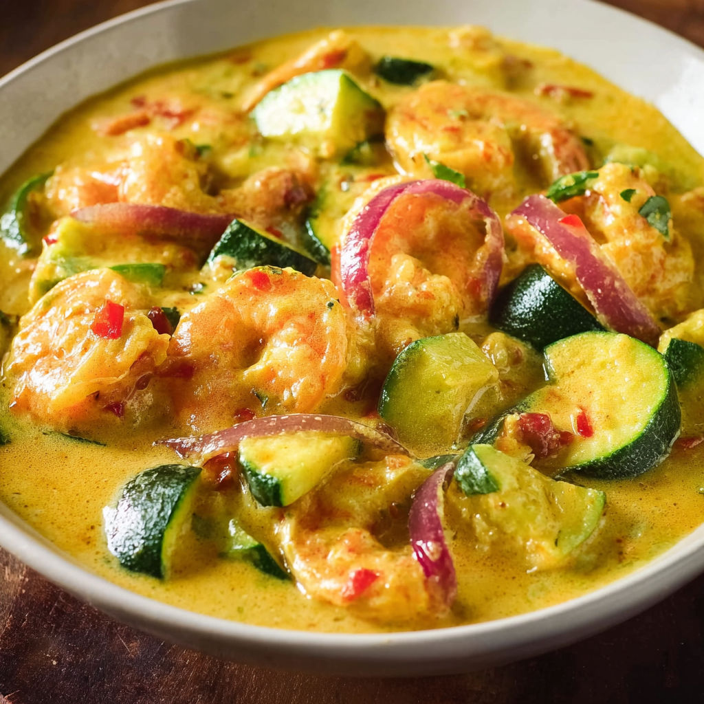 Le curry de courgettes et crevettes au lait de coco est un plat savoureux et coloré, composé de courgettes, de crevettes et de lait de coco.