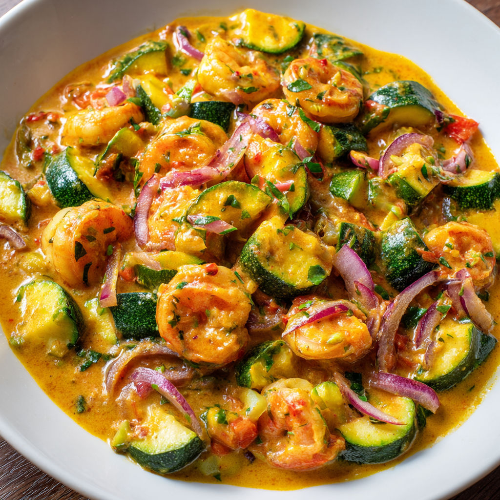 courgettes tendres et de crevettes juteuses dans une sauce onctueuse au lait de coco.