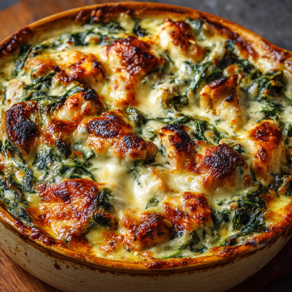 Un gratin de poulet grillé avec des épinards et du fromage.
