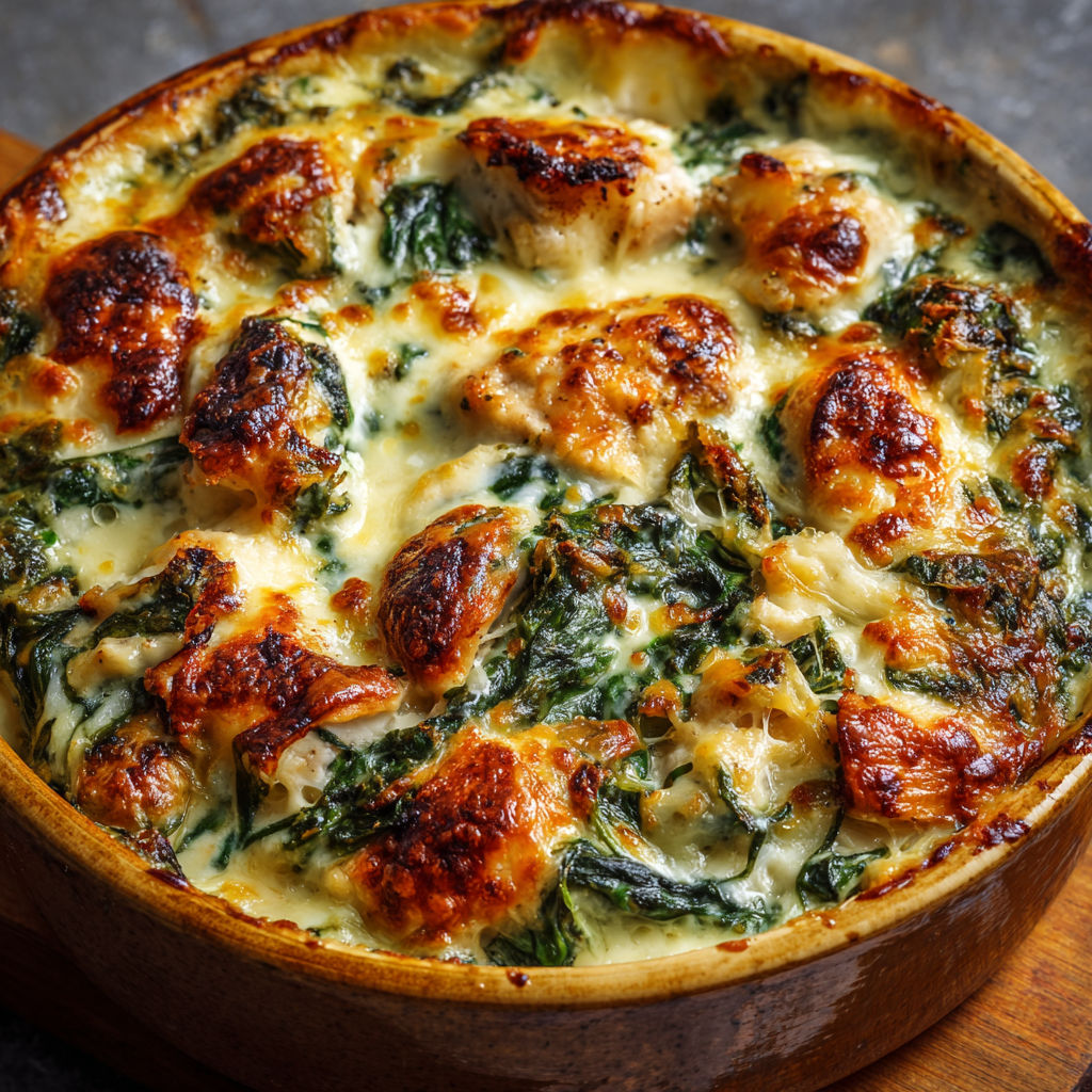 Un gratin généreux où poulet tendre, épinards et fromages