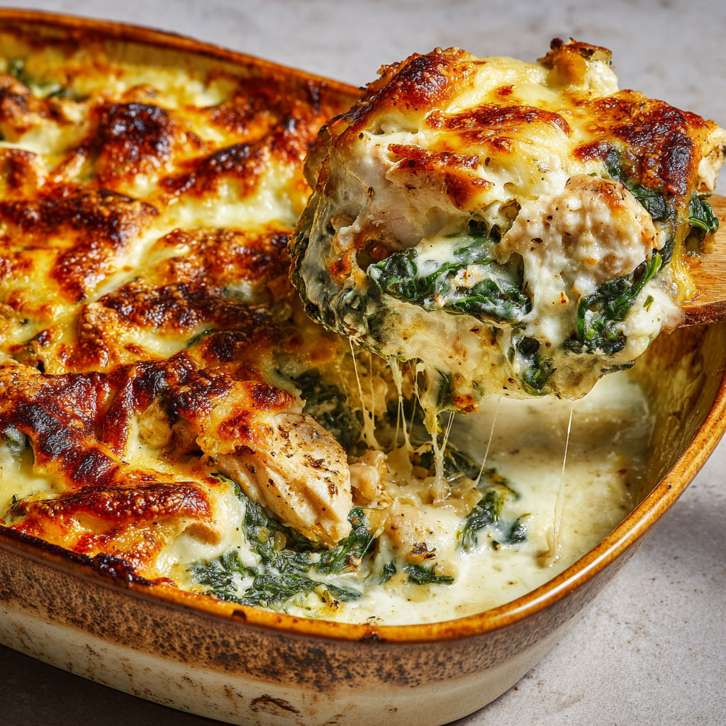 Gratin de poulet aux épinards et fromage