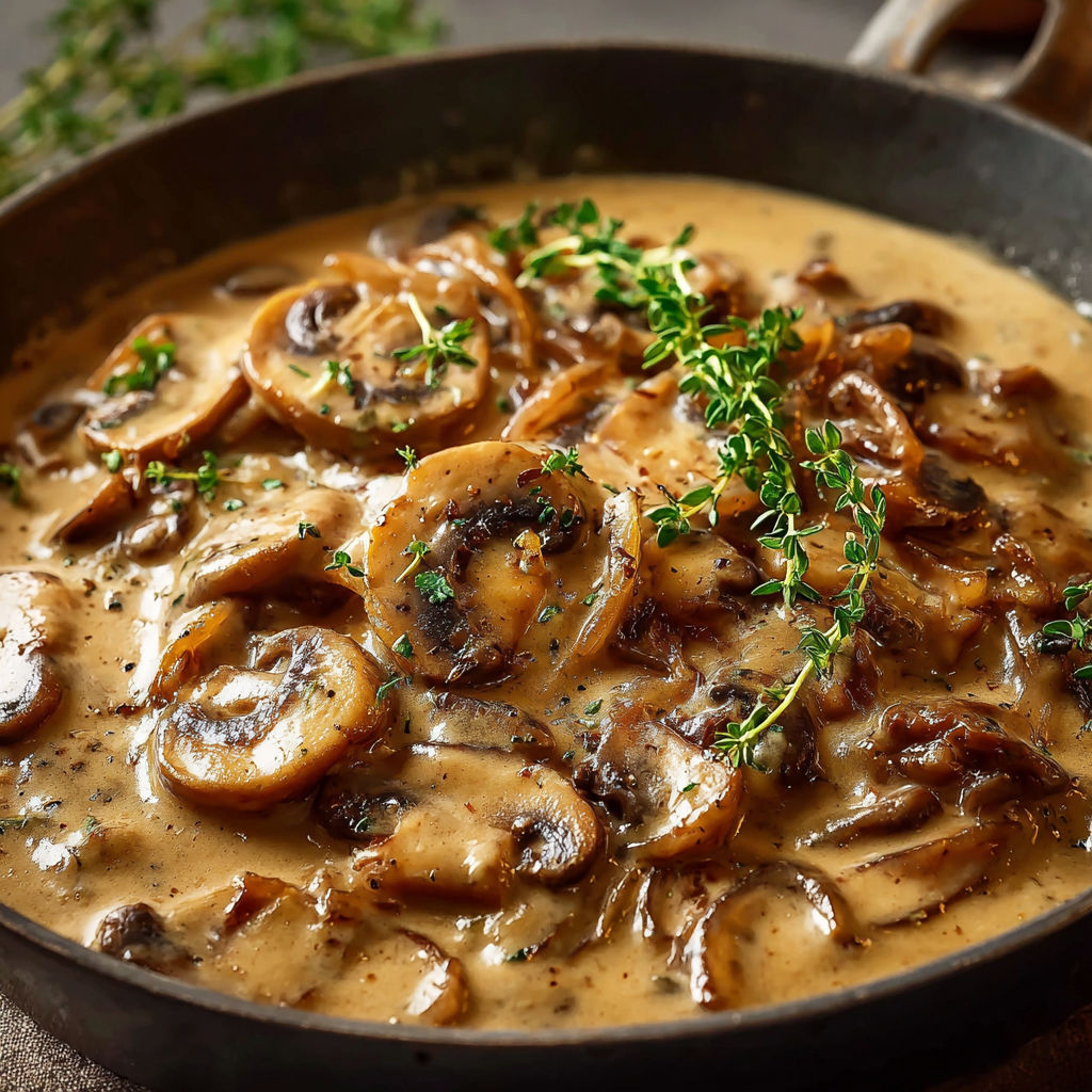 Une casserole de champignons et de herbes est servie dans un bol en fonte.