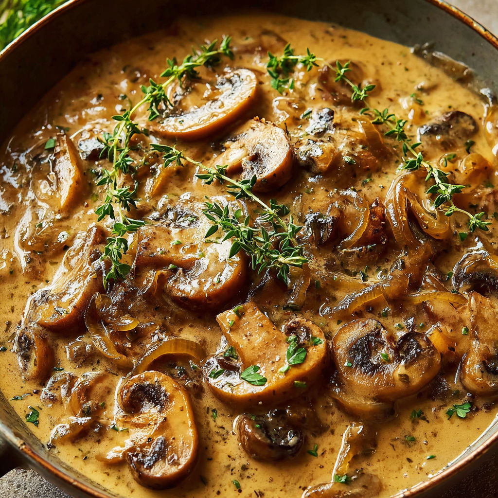 Une casserole de sauce chasseur de forêt-noire est servie dans un bol en métal.