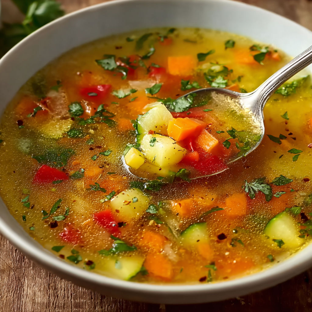 Une soupe de légumes en 20 minutes est servie dans un bol sur une table.